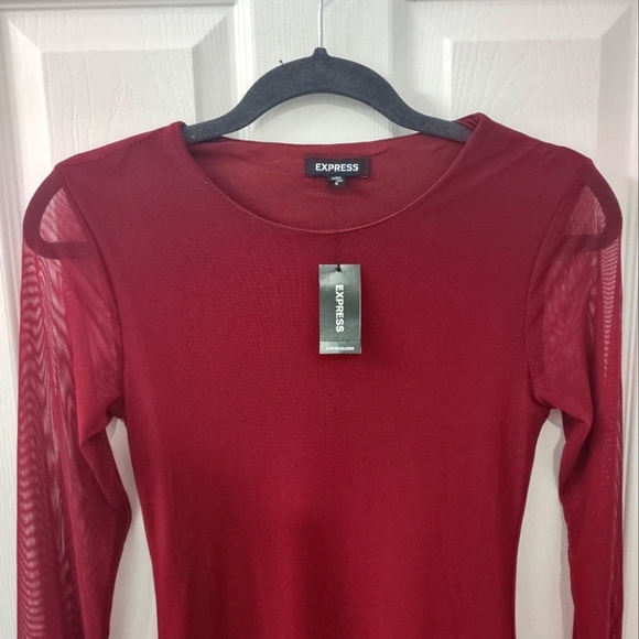 NWT Express Mesh Burgundy Crew Neck Long Sleeve Midi Dress Size S - Picture 7 of 11